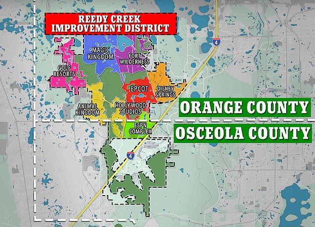 تمتد منطقة Reedy Creek Improvement على ما يقرب من 40 ميلاً مربعًا وتشمل منتجع Walt Disney World بأكمله.  تمت إعادة تسمية المنطقة إلى منطقة مراقبة السياحة بوسط فلوريدا وتتضمن مجلسًا جديدًا من خمسة أعضاء معينين من قبل DeSantis