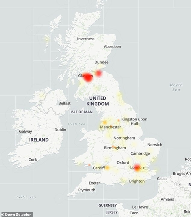 تُظهر خريطة الحرارة الخاصة بـ Down Detector الأماكن التي تركزت فيها تقارير المشكلات المقدمة من المستخدم في المملكة المتحدة