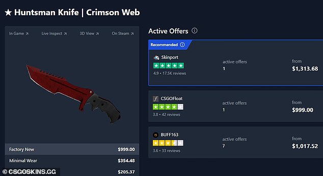 تبيع شركة Huntsman Knife Crimson Web حاليًا ما يزيد عن 1000 جنيه إسترليني على مواقع التداول