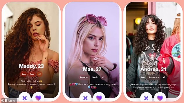 كما هو الحال في Tinder ، يتم تزويد مستخدمي Blush بصور لنساء كاملة مع التفاصيل الشخصية