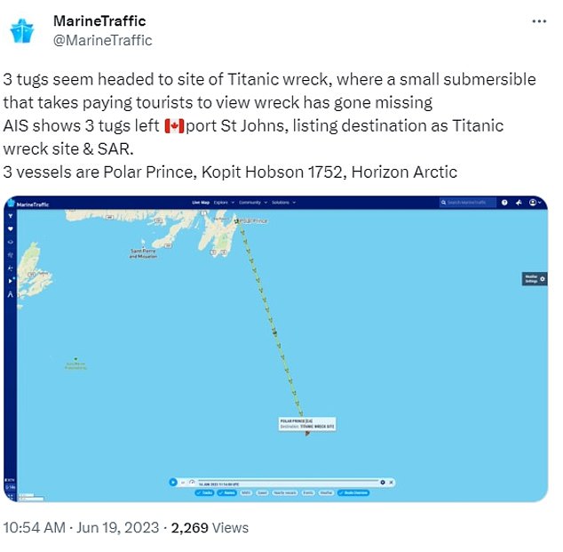 تُظهر حركة المرور البحرية أن Horizon Arctic التابع لخفر السواحل الكندي و Kopit Hobson 1752 يشقون طريقهم الآن إلى الحطام و Polar Prince ، القارب المستخدم في الرحلة الاستكشافية