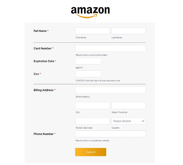 فيما يلي مثال على موقع ويب احتيالي تم تصميمه ليبدو تمامًا مثل صفحة دفع أمازون