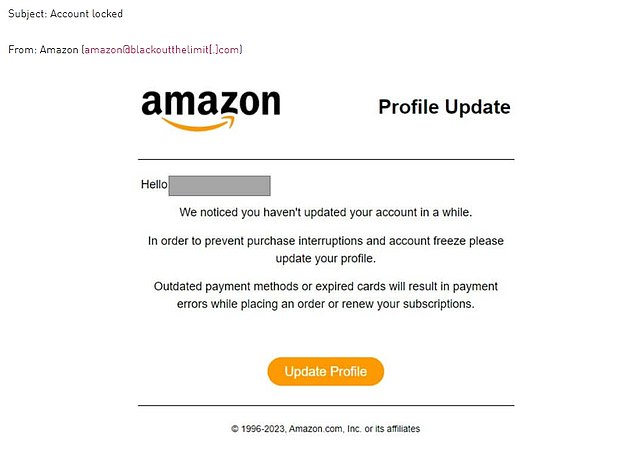 في هذا البريد الإلكتروني ، ينص البريد الإلكتروني للتصيد الاحتيالي على أن حساب المستلم Amazon مغلق.  يتضمن أيضًا رابطًا زائفًا لتحديث ملفه الشخصي ونموذج لتحديث معلومات بطاقة الائتمان.