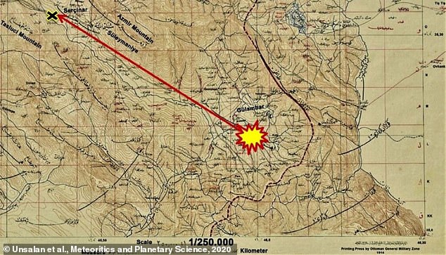 الشخص الوحيد الذي قُتل على الإطلاق بصخرة فضائية كان رجلاً في العراق الحديث في عام 1888). في الصورة المسار المحتمل لهذا النيزك