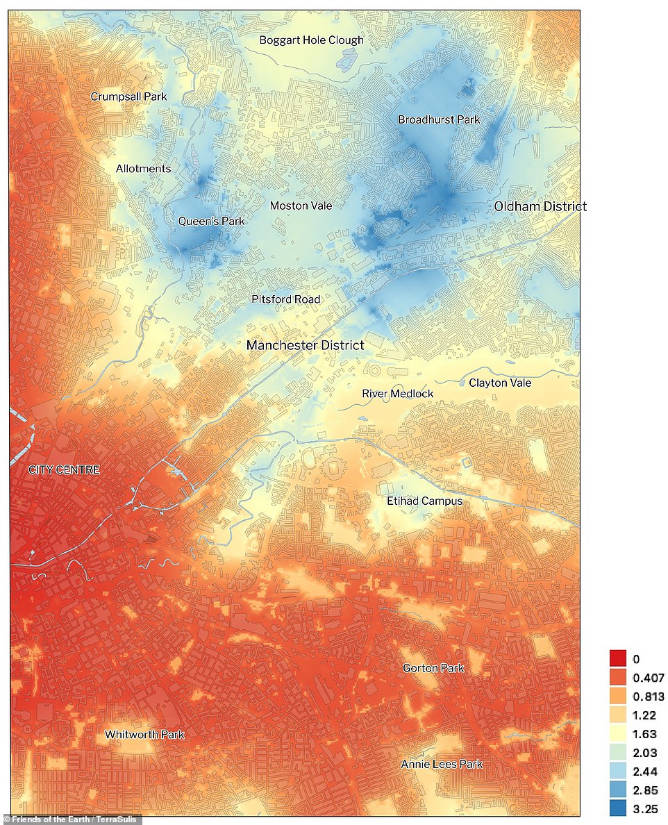 وجد التحليل ، الذي جمعته المجموعة البيئية Friends of the Earth (FOE) وخبراء رسم الخرائط TerraSulis ، أن الأحياء ذات الغطاء الشجري أو المساحات الخضراء أو كليهما كانت أكثر برودة بكثير من تلك التي تفتقر إلى مثل هذه الغطاء النباتي.  تم تصوير مانشستر