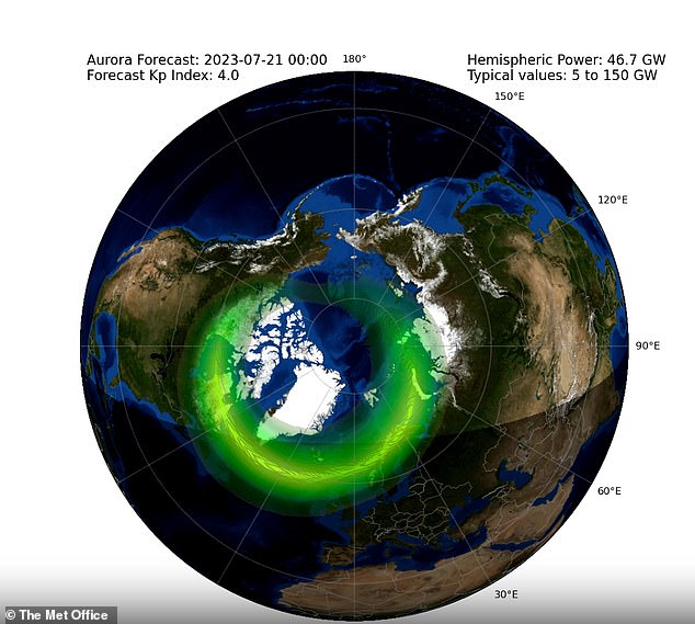 تظهر التوقعات أن CME قد ينفجر على الأرض خلال ساعات النهار في 20 يوليو ، مع احتمال حدوث الشفق القطبي بين الساعة 9 مساءً بتوقيت جرينتش ومنتصف الليل (الصورة في 12 صباحًا 21 يوليو)