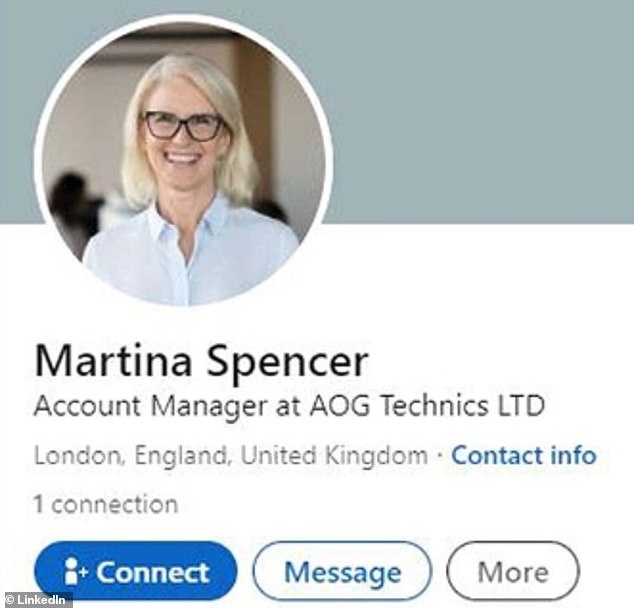 يبدو أيضًا أن ملف تعريف LinkedIn الخاص بـ Martina Spencer، الذي يُفترض أنه مدير حساب في AOG Technics، يستخدم صورة مخزنة