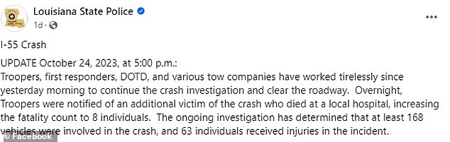 نشرت شرطة ولاية لويزيانا تحديثًا على فيسبوك وأكدت وفاة أخرى حدثت للتو في مستشفى محلي.  وقالوا أيضًا إن التراكم لا يزال قيد التحقيق