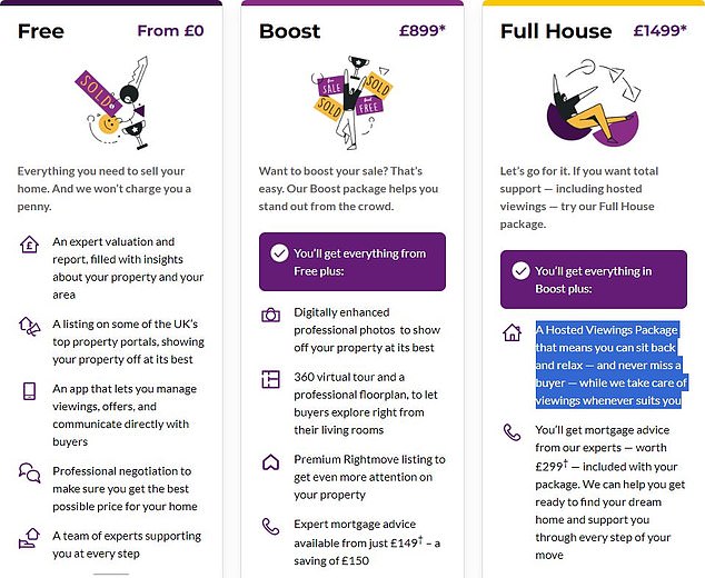 يقول Purplebricks أنه يمكن للعملاء الاختيار من بين واحدة من ثلاث حزم.