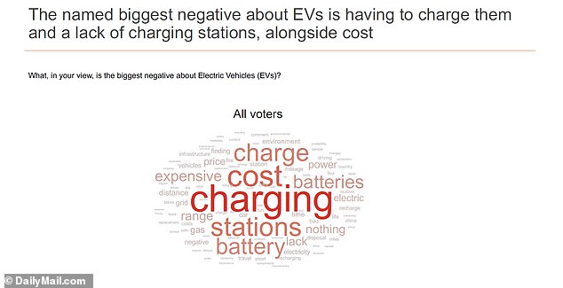 جمع استطلاع موقع DailyMail.com الكلمات الأكثر شيوعًا التي يستخدمها المشاركون لشرح آرائهم السلبية أو مخاوفهم الطفيفة بشأن السيارات الكهربائية، وركزت النتائج في الغالب على متاعب الشحن وعدم وجود محطات شحن، تليها التكلفة مباشرة.