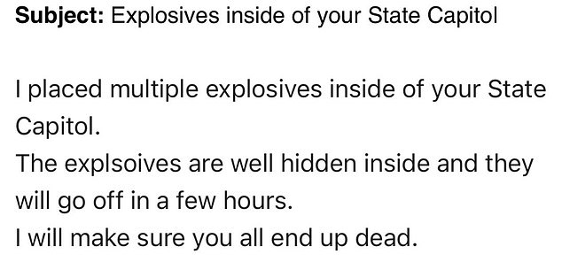 استمرت عمليات الإغلاق لمدة تصل إلى ساعات بعد أن زعمت رسالة البريد الإلكتروني (لقطة الشاشة في الصورة) التي تم إرسالها إلى العديد من موظفي الكابيتول أن المتفجرات المتعددة 