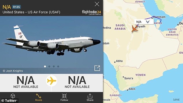 وشوهدت طائرات استطلاع تابعة للقوات الجوية الأمريكية تتعقب سماء المملكة العربية السعودية ليلة الخميس قبل الضربات
