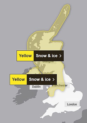 تحذيران باللون الأصفر من الطقس للثلوج والجليد في جميع أنحاء اسكتلندا وشمال إنجلترا وويلز وأيرلندا الشمالية يوم الثلاثاء