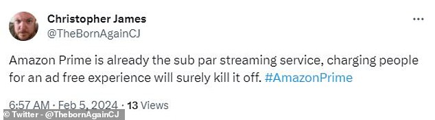 على X، قال أحد المعلقين إن Amazon Prime Video لا يحتوي على المحتوى المطلوب لتبرير زيادة السعر أو التضمين غير المناسب للإعلانات