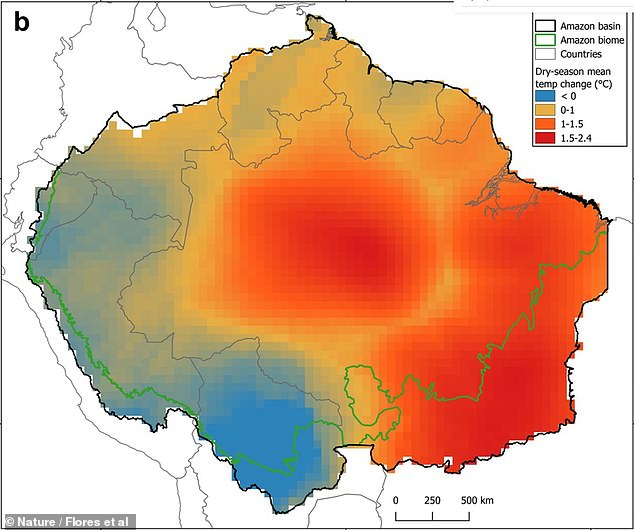 يمكن أن ترتفع درجة الحرارة خلال موسم الجفاف في غابات الأمازون المطيرة بما يصل إلى 4.3 درجة فهرنهايت (2.4 درجة مئوية) بحلول عام 2050، مع حدوث أكبر الزيادات في درجات الحرارة.