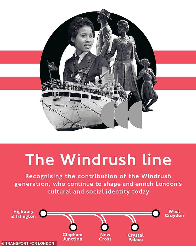 خط Windrush بين Highbury & Islington وClapham Junction/New Cross/Crystal Palace/West Croydon (باللون الأحمر): الاسم يكرم جيل Windrush، الذي جاء إلى المملكة المتحدة من منطقة البحر الكاريبي لسد النقص في العمالة بعد الحرب العالمية الثانية.  ويمر الخط عبر مناطق ذات مجتمعات مرتبطة بمنطقة البحر الكاريبي