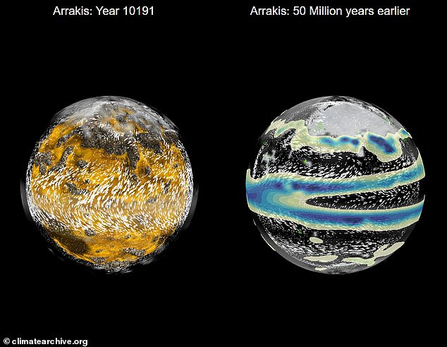 وأظهرت محاكاة كيف كان سلوك الطقس على أراكيس في العام 10191 (يسار)، عندما تدور أحداث الفيلم، وكيف كان سلوكه قبل 50 مليون سنة (يمين)، قبل أن يصبح الكوكب صحراء.