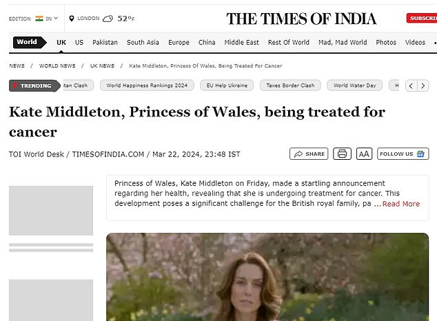 ذكرت صحيفة The Times Of India أخبار كيت باعتبارها القصة الرئيسية