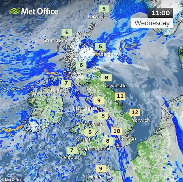 الأربعاء: ستضرب المملكة المتحدة ظروفًا عاصفة وأمطارًا ورعدًا وبردًا وستصل درجات الحرارة إلى 12 درجة مئوية.