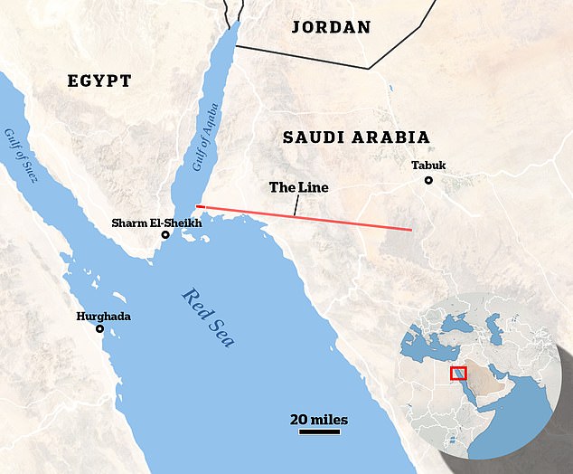 تُظهر الخريطة المكان الذي كان من المقرر أن يتم بناء الخط فيه، والمدة التي كان من المفترض أن يستغرقها.  وقال مسؤولون سعوديون إنه سيتم بناؤه على مراحل، وسيغطي في نهاية المطاف مساحة صحراوية تبلغ 106 أميال على طول ساحل البحر الأحمر في محافظة تبوك الغربية.