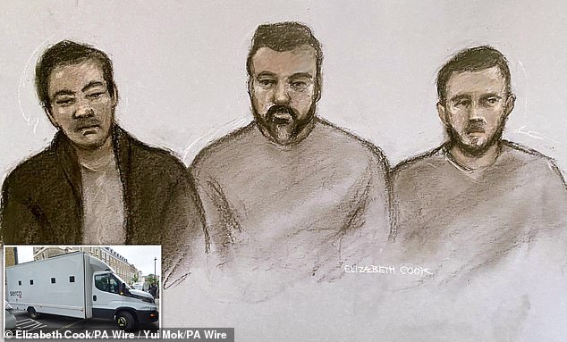 رسم تخطيطي للمتهمين الثلاثة الذين يمثلون أمام محكمة وستمنستر الجزئية، وفي الصورة الداخلية، شاحنة أمنية تغادر محكمة غرب لندن