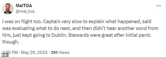 انتقل توم إلى Twitter/X ليصف تجربته قائلًا إن القبطان كان بطيئًا في شرح ما كان يحدث ولكن المضيفين الجويين كانوا متعاونين للغاية