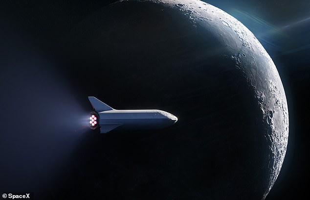 يظهر هنا صاروخ SpaceX's Starship أثناء رحلته حول القمر.  عندما تصبح المركبة الفضائية جاهزة في النهاية، يأمل إيلون ماسك أن تنقل البشر إلى القمر والمريخ