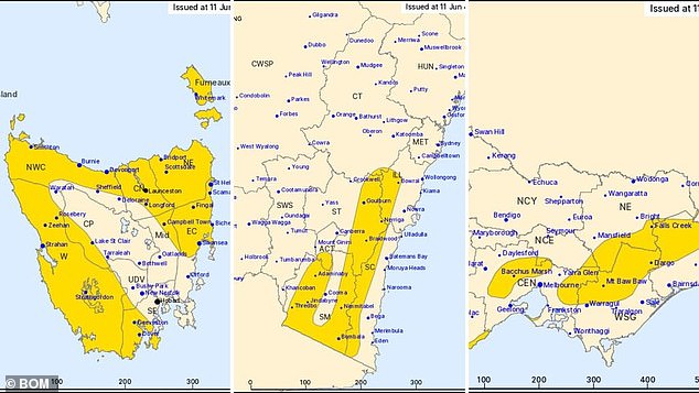 تم إصدار تحذيرات من الطقس القاسي من الرياح المدمرة في الأجزاء الشمالية والغربية من تسمانيا والجزر المحيطة بها، وكذلك بالنسبة لجبال فيكتوريا الشمالية والشمالية الشرقية، وجيبسلاند وشبه جزيرة مورنينغتون، وسلاسل الجبال في نيو ساوث ويلز.