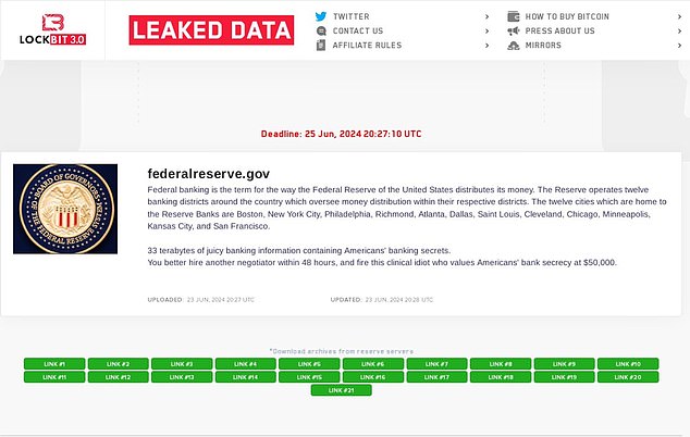 في الساعة 4:27 مساءً بالتوقيت الشرقي، ظهرت أخبار مفادها أن LockBit قامت بتحميل 21 رابطًا إلى الويب المظلم