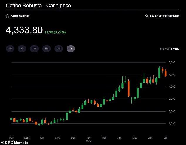 أسعار مرتفعة: بلغت العقود الآجلة لحبوب روبوستا في لندن ذروتها عند 4846.70 دولار للطن في يوليو، بارتفاع بلغ 81.7 في المائة من أدنى مستوى لها عند 2652.60 دولار قبل 12 شهرًا