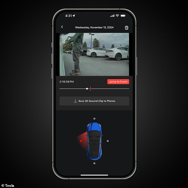 يمكن مشاهدة مقاطع Dashcam وSentry Mode مباشرة من تطبيق Tesla وحفظها على هاتفك لتعديلها أو مشاركتها