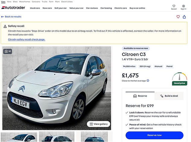 بعد أي؟ التحقيق في الأسبوع الماضي ، يعلن Auto Trader الآن إعلانات على موقعه إذا كانت السيارات لديها إشعار الاستدعاء المتميز باستخدام هذه اللافتة الأصفر
