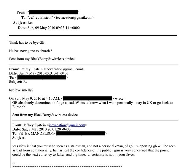 وبدا أن ماندلسون وإيبستاين يتبادلان رسائل يسخران فيها من رحيل رئيس الوزراء آنذاك جوردون براون الحتمي قبل أيام قليلة من استقالته في عام 2010.